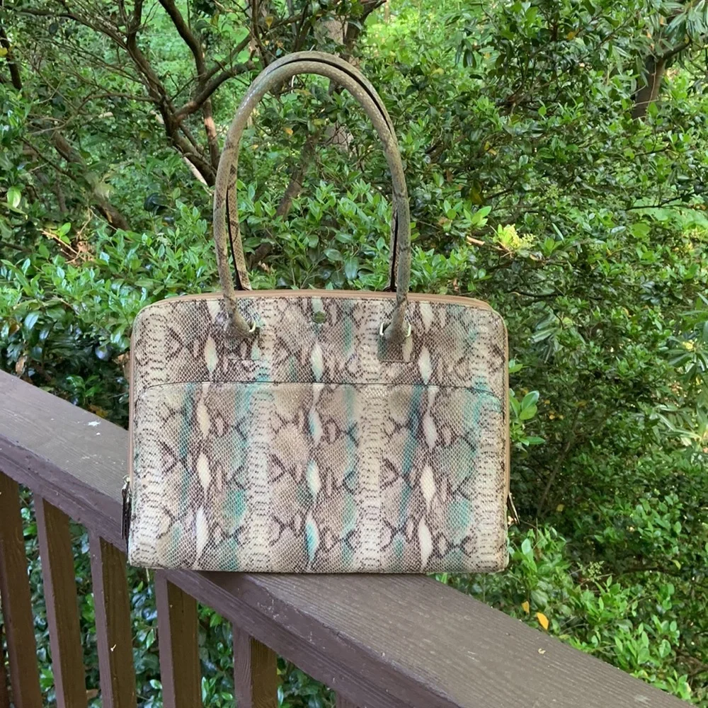 Lodis Snake-Print Laptop Bag in Cream, Brown & Teal